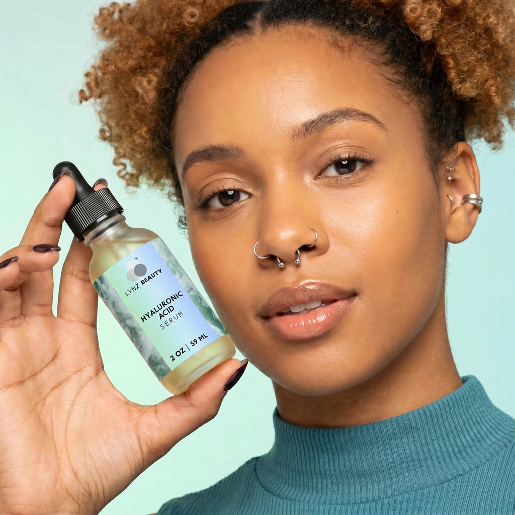 Model applying LYNZ Beauty Hyaluronic Face Serum close-up – plump dewy hydrated skin for dry and sensitive skin