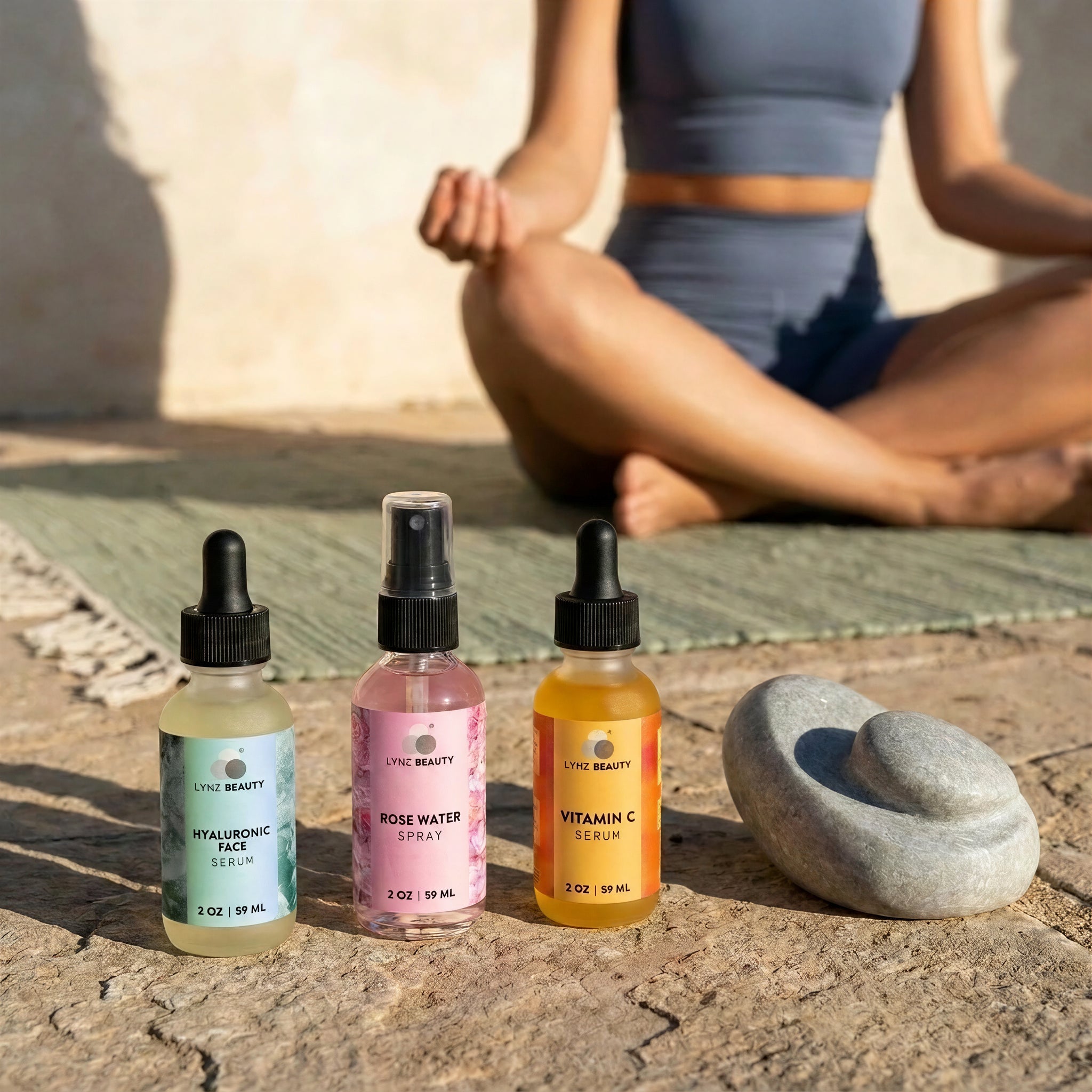 Model doing yoga with LYNZ Beauty serums – clean beauty skincare for an active healthy lifestyle